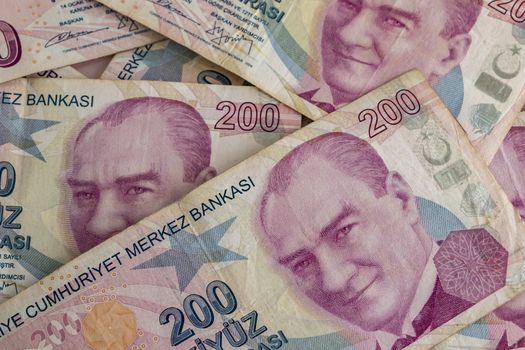 close up turkish lira banknotes on background