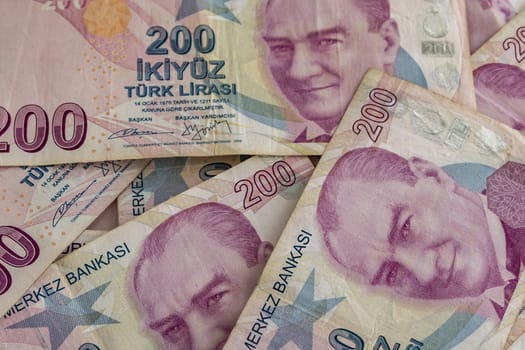 close up turkish lira banknotes on background