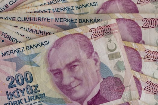 close up turkish lira banknotes on background