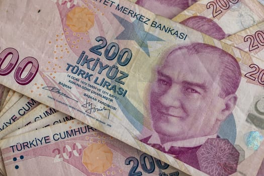 close up turkish lira banknotes on background