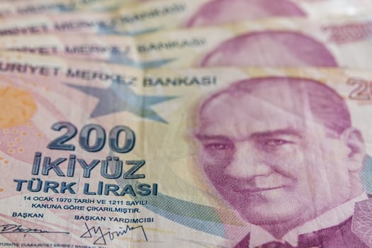 close up turkish lira banknotes on background