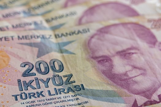 close up turkish lira banknotes on background