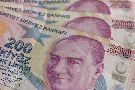 close up turkish lira banknotes on background