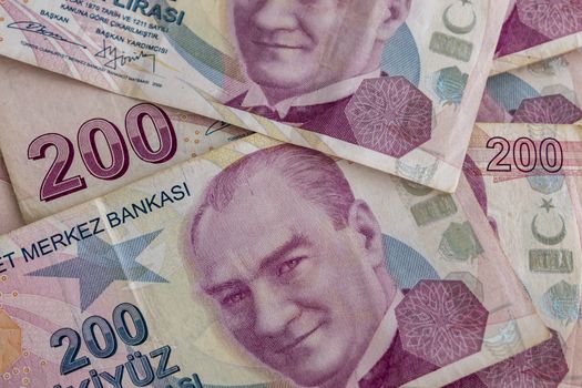 close up turkish lira banknotes on background
