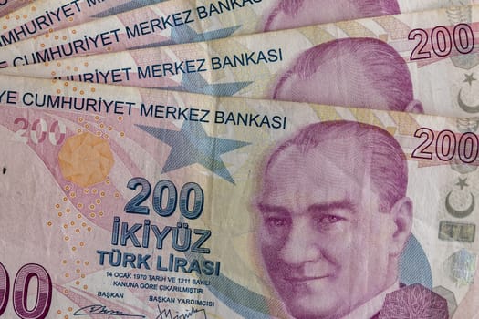 close up turkish lira banknotes on background