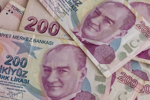 close up turkish lira banknotes on background