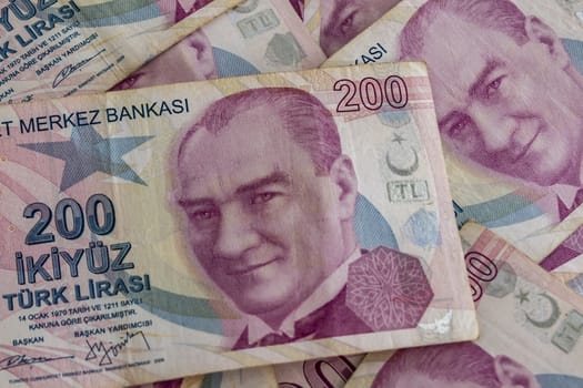 close up turkish lira banknotes on background