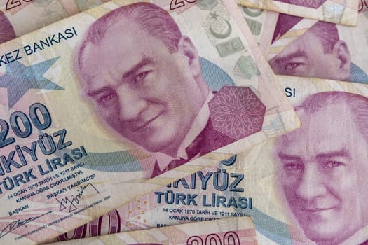 close up turkish lira banknotes on background