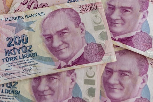 close up turkish lira banknotes on background