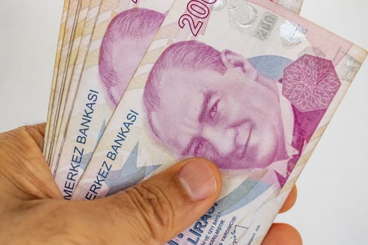 close up turkish lira banknotes on background