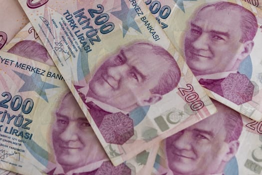 close up turkish lira banknotes on background