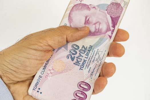 close up turkish lira banknotes on background