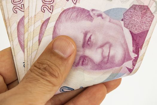 close up turkish lira banknotes on background