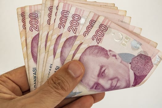 close up turkish lira banknotes on background