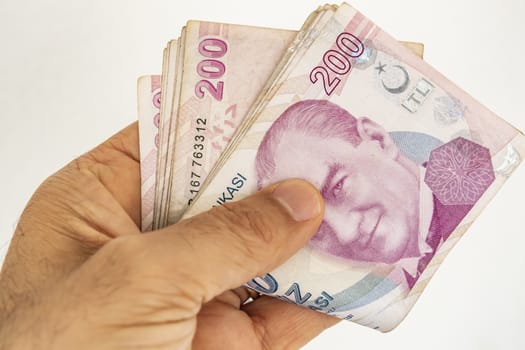 close up turkish lira banknotes on background