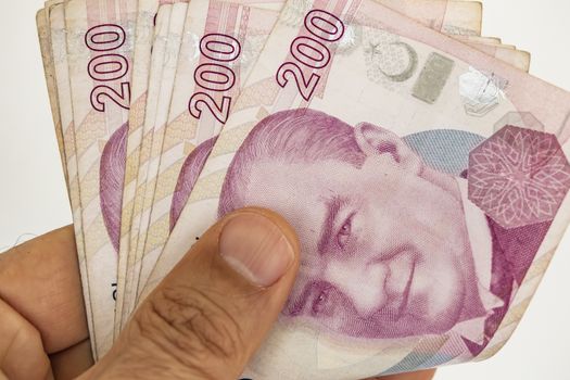 close up turkish lira banknotes on background