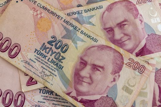 close up turkish lira banknotes on background
