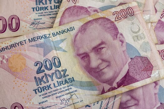 close up turkish lira banknotes on background