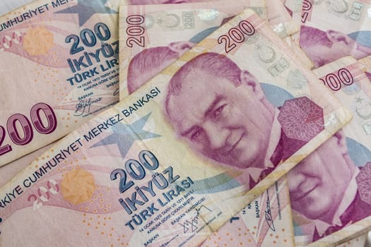 close up turkish lira banknotes on background