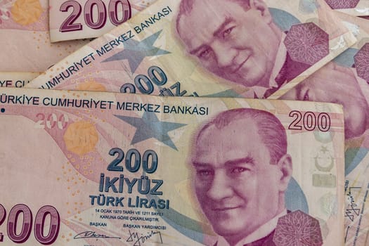 close up turkish lira banknotes on background