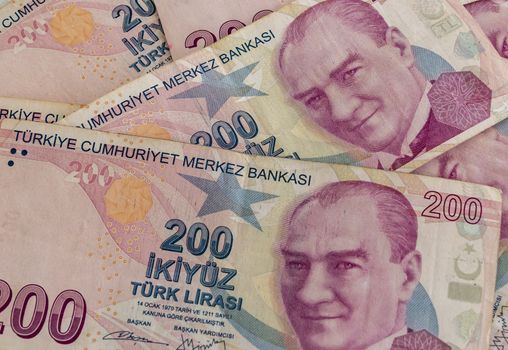 close up turkish lira banknotes on background
