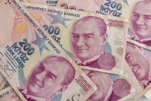 close up turkish lira banknotes on background