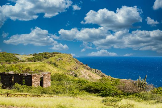 An old abandoned stone building on the hilltops of Antigua in the Caribbean