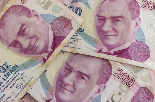 close up turkish lira banknotes on background