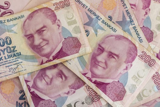 close up turkish lira banknotes on background