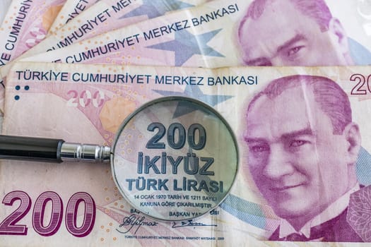 close up turkish lira banknotes on background