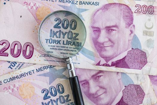close up turkish lira banknotes on background