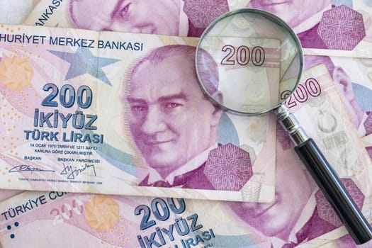 close up turkish lira banknotes on background