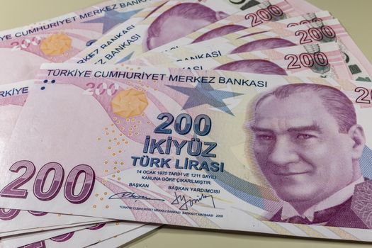 close up turkish lira banknotes on background