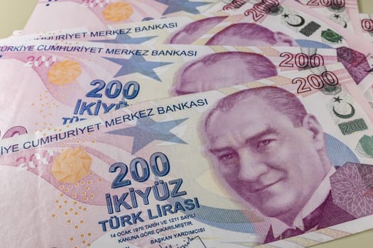 close up turkish lira banknotes on background