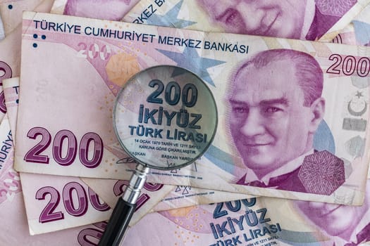 close up turkish lira banknotes on background