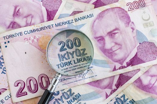 close up turkish lira banknotes on background