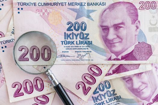 close up turkish lira banknotes on background