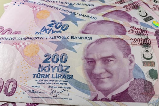 close up turkish lira banknotes on background