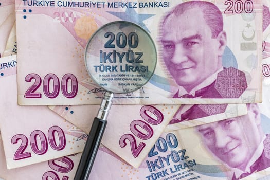close up turkish lira banknotes on background