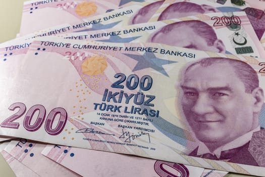close up turkish lira banknotes on background
