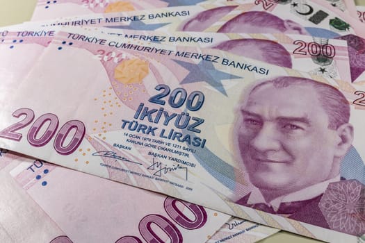 close up turkish lira banknotes on background