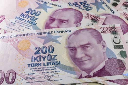 close up turkish lira banknotes on background