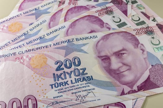 close up turkish lira banknotes on background