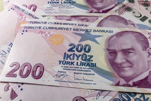 close up turkish lira banknotes on background
