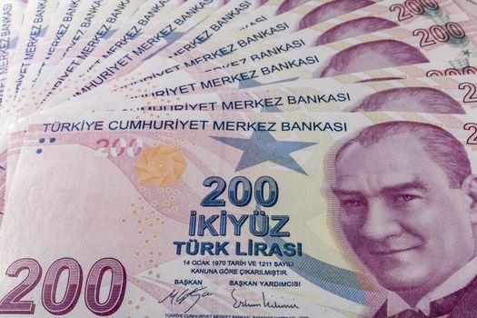 close up turkish lira banknotes on background