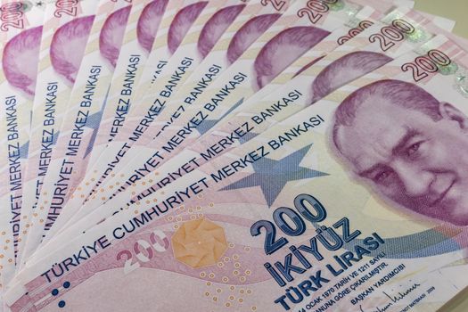 close up turkish lira banknotes on background