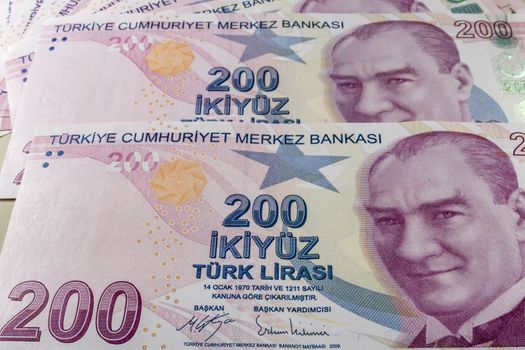 close up turkish lira banknotes on background