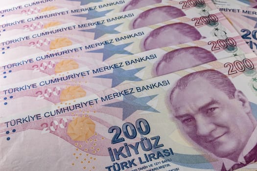 close up turkish lira banknotes on background