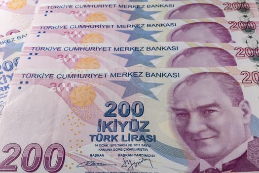 close up turkish lira banknotes on background
