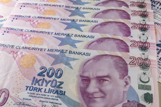 close up turkish lira banknotes on background